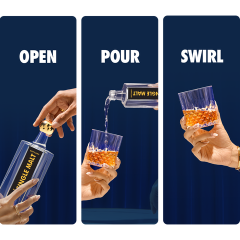 Step-by-step process of opening a bottle, pouring into a glass, and swirling with a blue background.